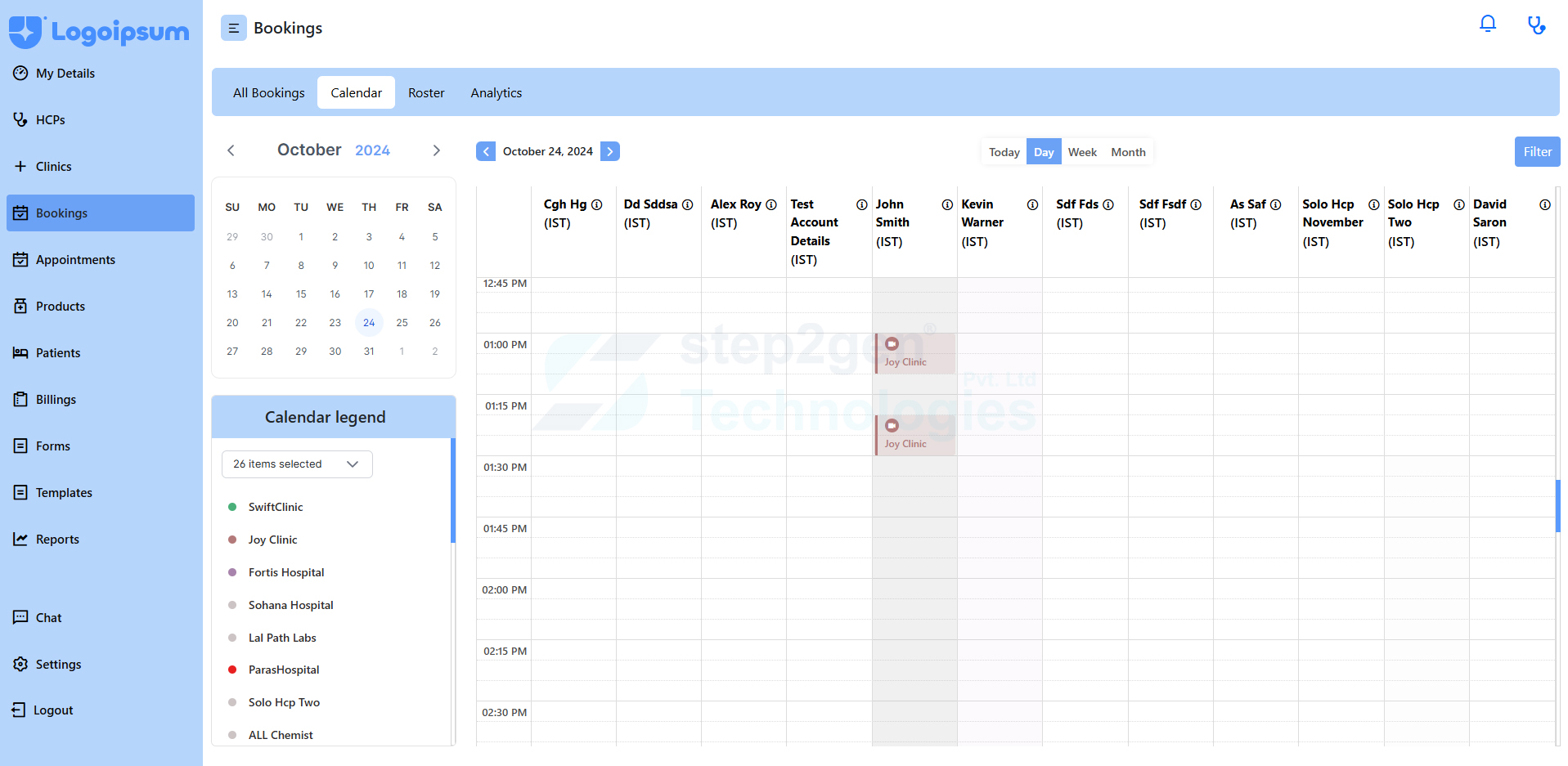 Healthcare Clinic Management Booking Calendar Dashboard